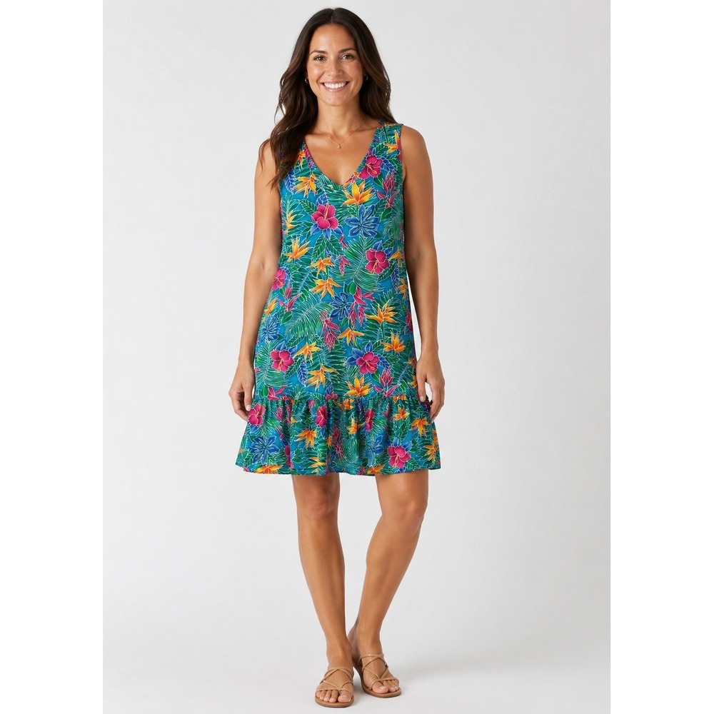 Vintage Hilo Hattie Hawaiian Tropical Floral Dress Ruffle Hem Cotton Teal XL